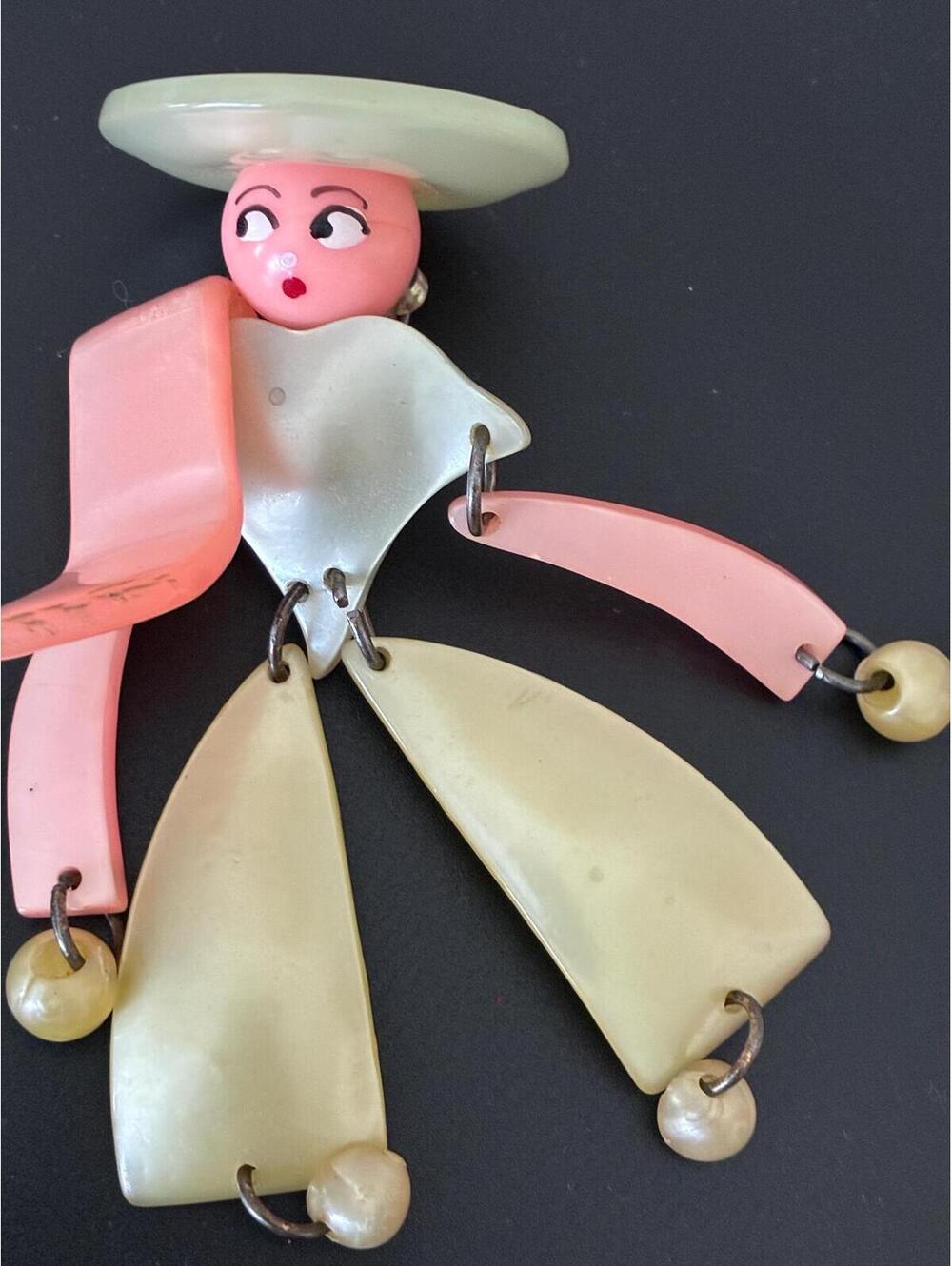1940s Articulated Lucite Figural Brooch | Coro Pigtails Style Moonglow Pin